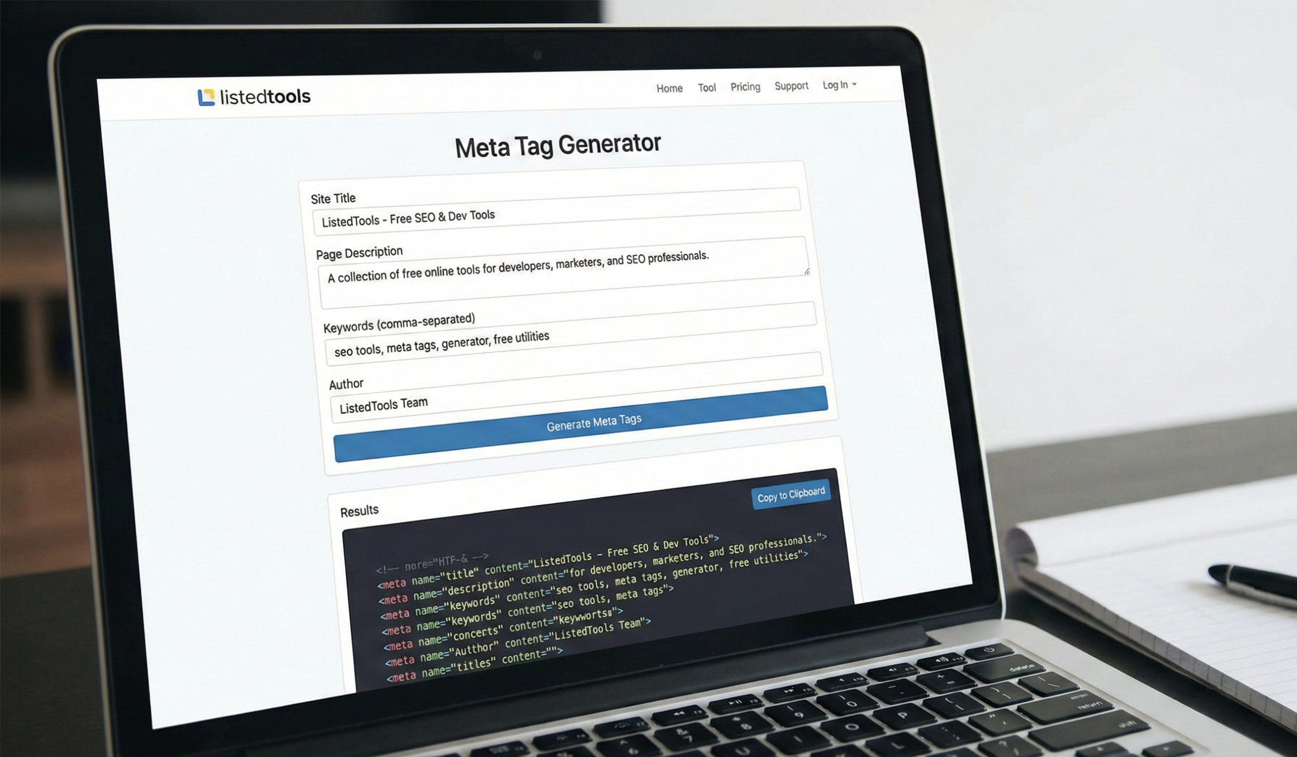 "ListedTools Meta Tag Generator interface showing fields for SEO title, description, and keywords with live preview."
