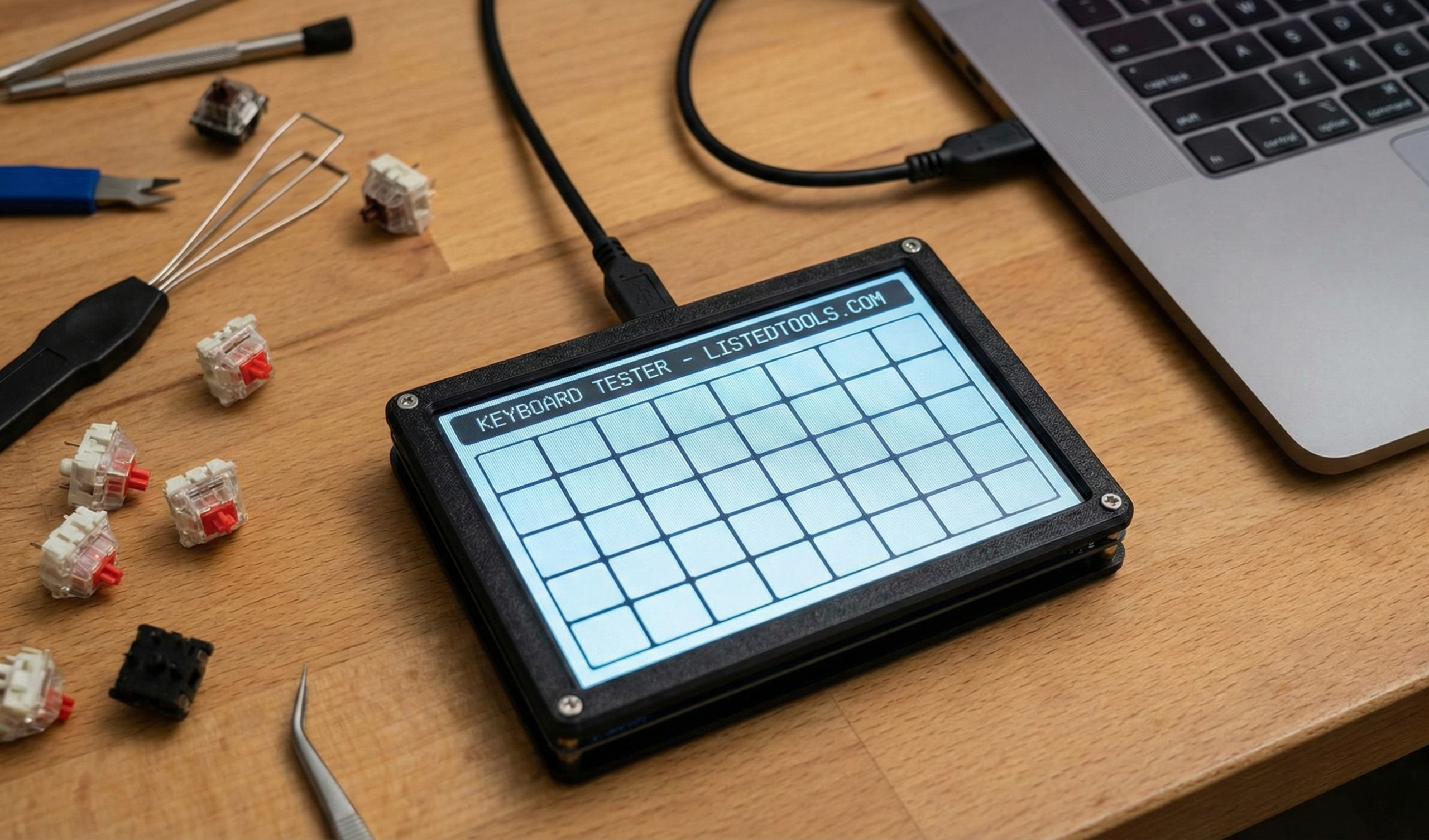 "Online keyboard tester interface showing a virtual QWERTY layout with active keys highlighted in green."