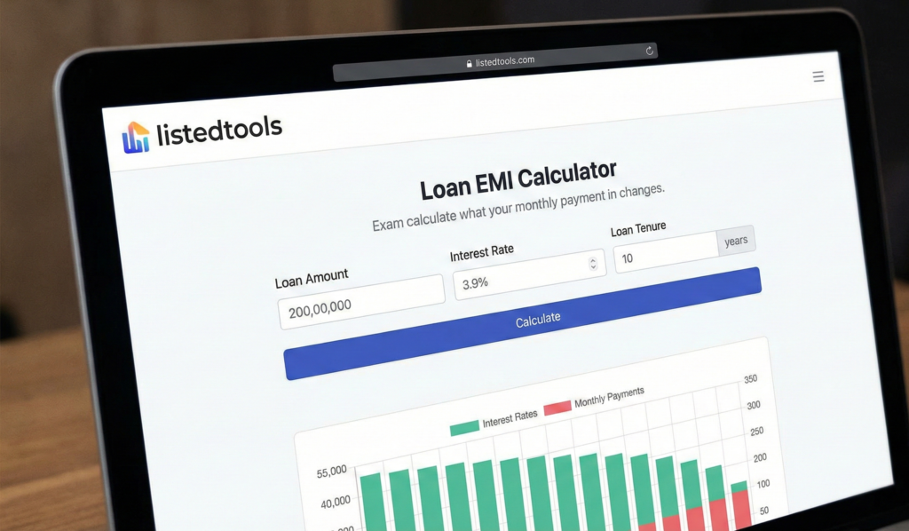 "Loan EMI calculator showing a pie chart of total interest versus principal amount."