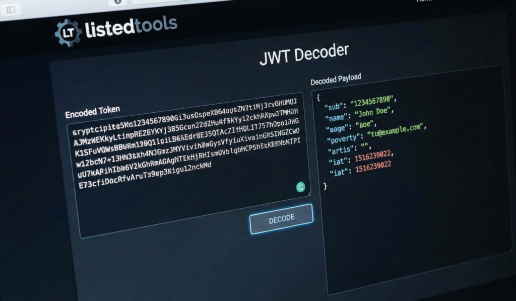 "Interface of an online JWT decoder tool displaying the encoded token string alongside the decoded Header, Payload, and Signature sections."