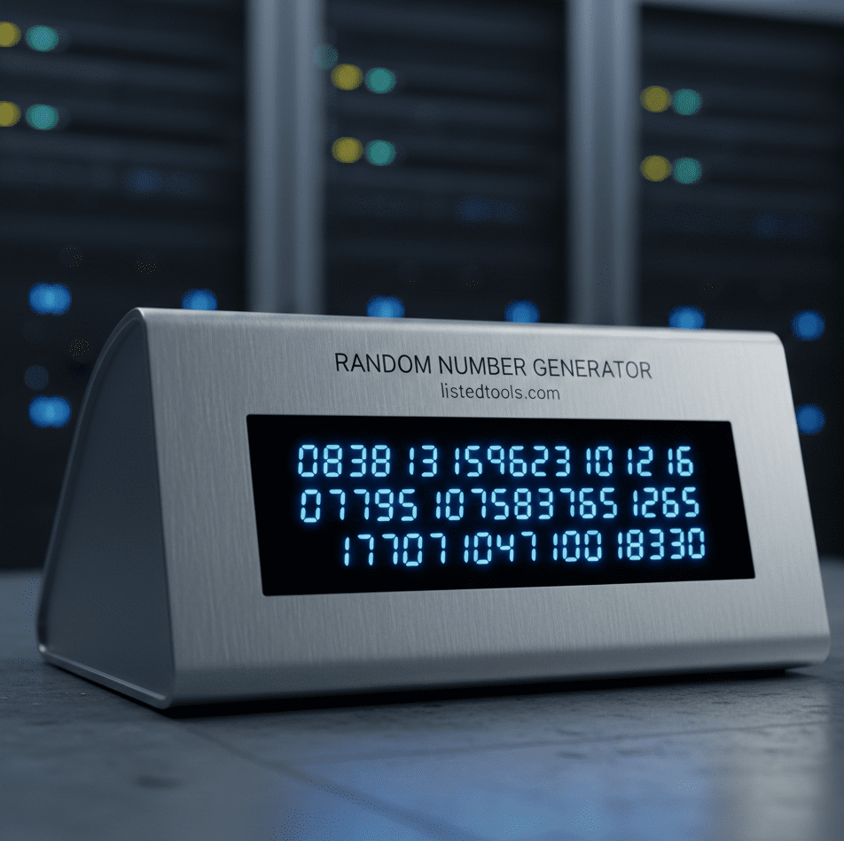 A digital interface or screen displaying a Random Number Generator, often showing a large, newly generated random number in the output field, with buttons like "Generate" or "Randomize" and options for setting a minimum and maximum range.