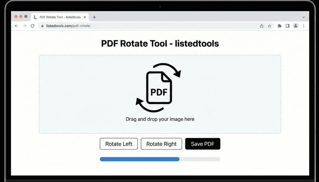 "User interface of the PDF Rotate Tool on ListedTools showing the drag-and-drop upload area and rotation buttons."