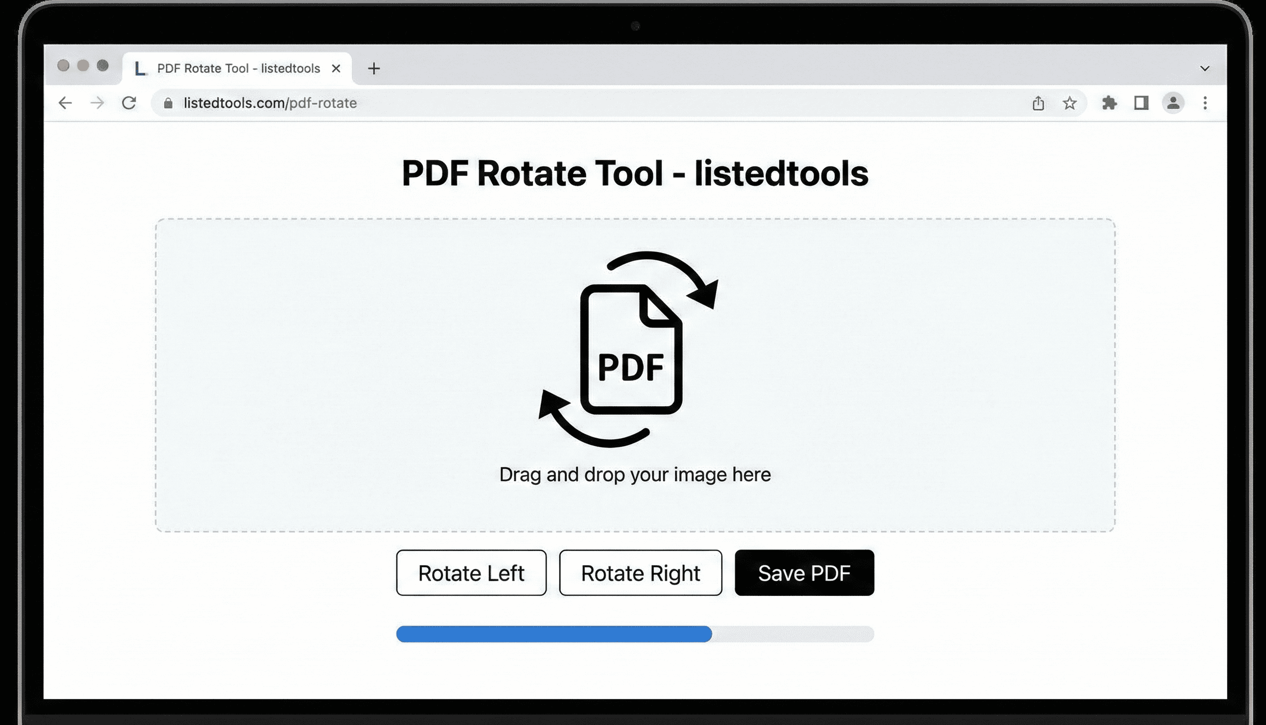 "User interface of the PDF Rotate Tool on ListedTools showing the drag-and-drop upload area and rotation buttons."