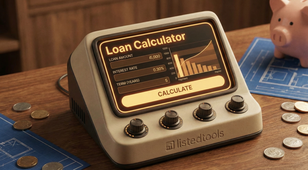 "Online loan calculator interface with fields for loan amount, interest rate, and term length."
