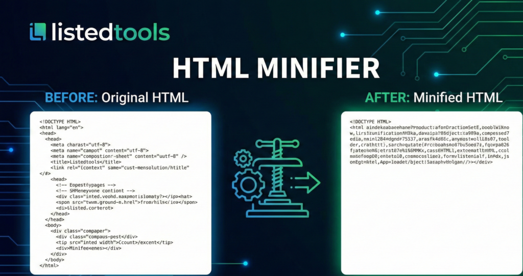 It describes the physical layout while including the target keyword ("Online HTML Minifier") and context words ("source code," "compressed").
