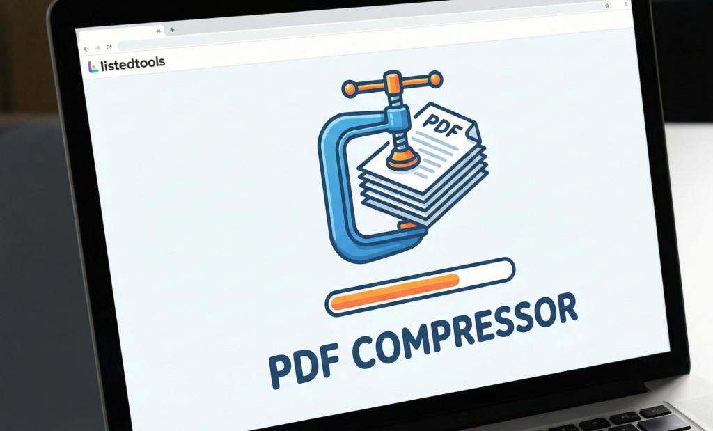 "Illustration of a file clamp representing the PDF compressor tool reducing file size."