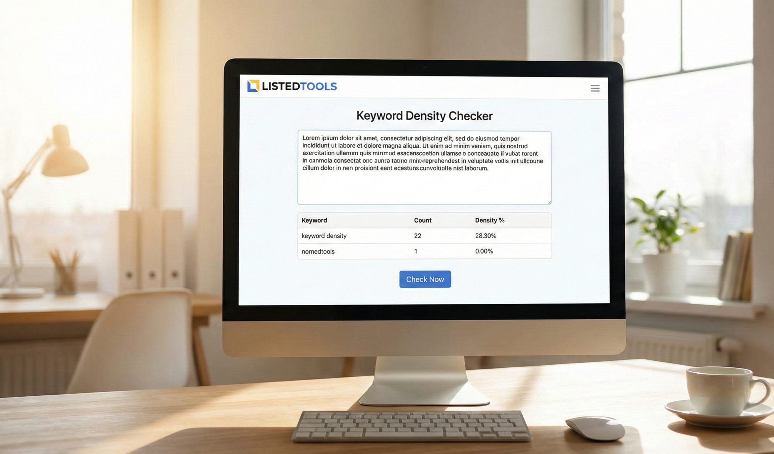 "Screenshot of a keyword density checker interface displaying keyword frequency and percentage analysis for SEO."