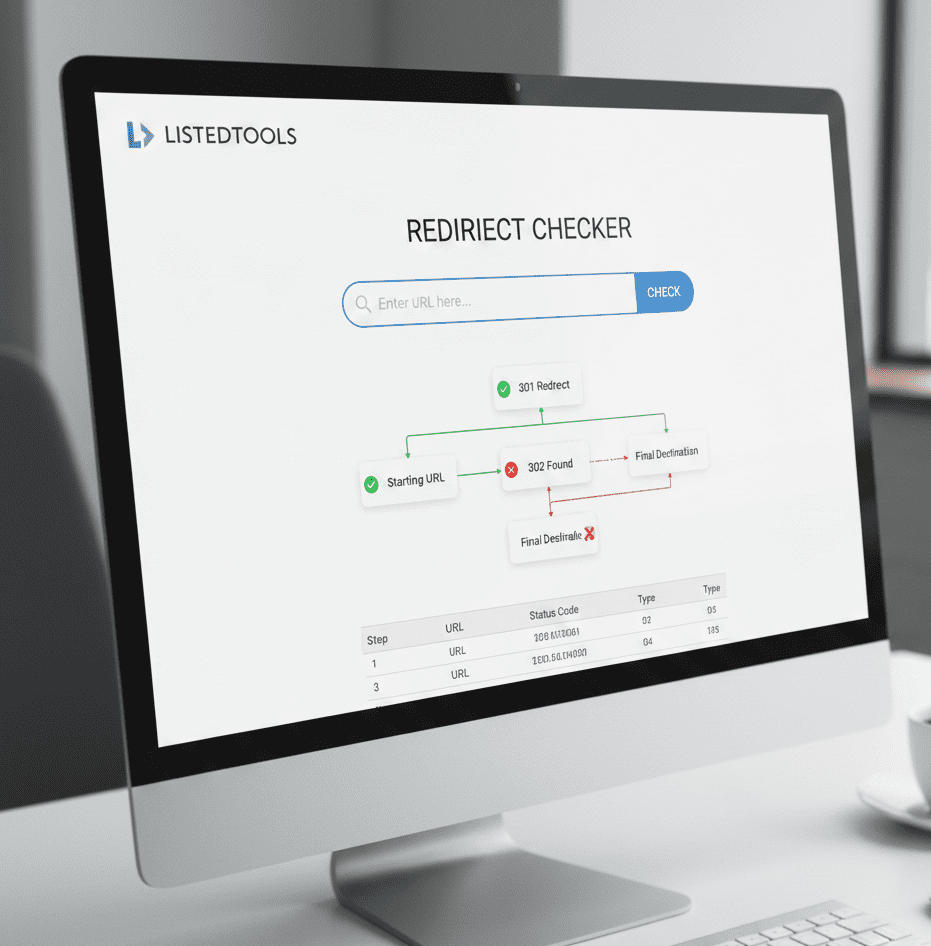 Screenshot of a Redirect Checker SEO tool showing a 301 redirect chain analysis