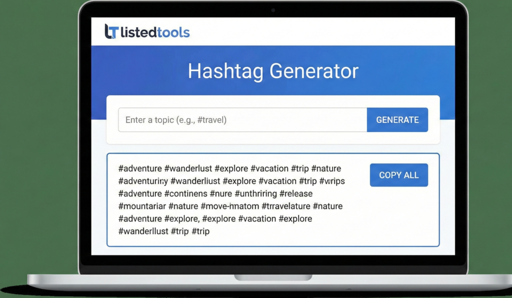"Screenshot of a social media hashtag generator tool interface displaying a search bar, a list of trending keywords, and a 'Copy to Clipboard' button."
