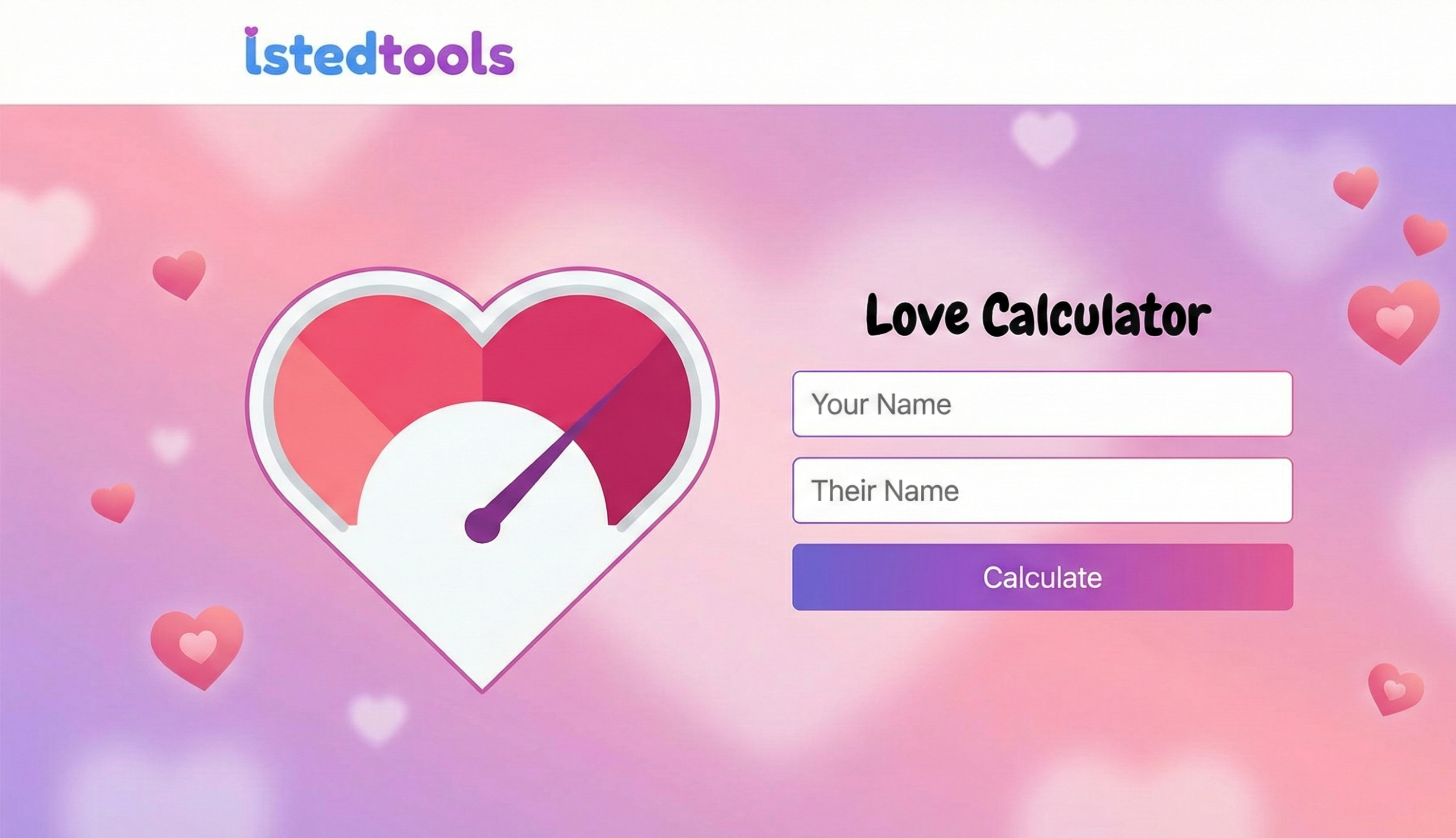 "Online love calculator interface with input fields for partner names to test relationship compatibility."