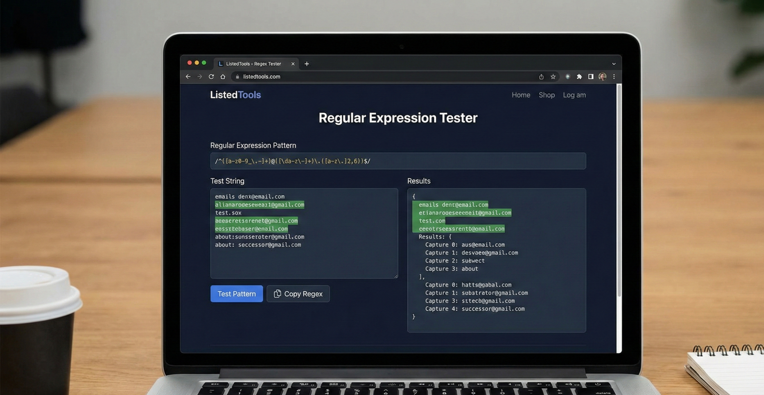 Regular Expression Tester tool interface for building and debugging regex patterns.