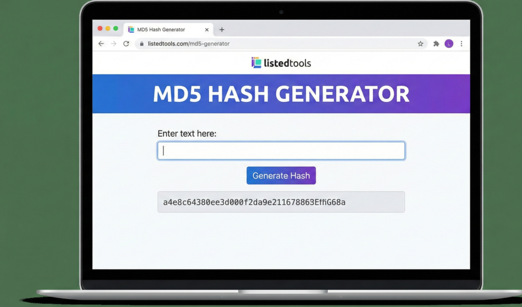 "Screenshot of online MD5 Hash Generator tool interface with input field and hash output."