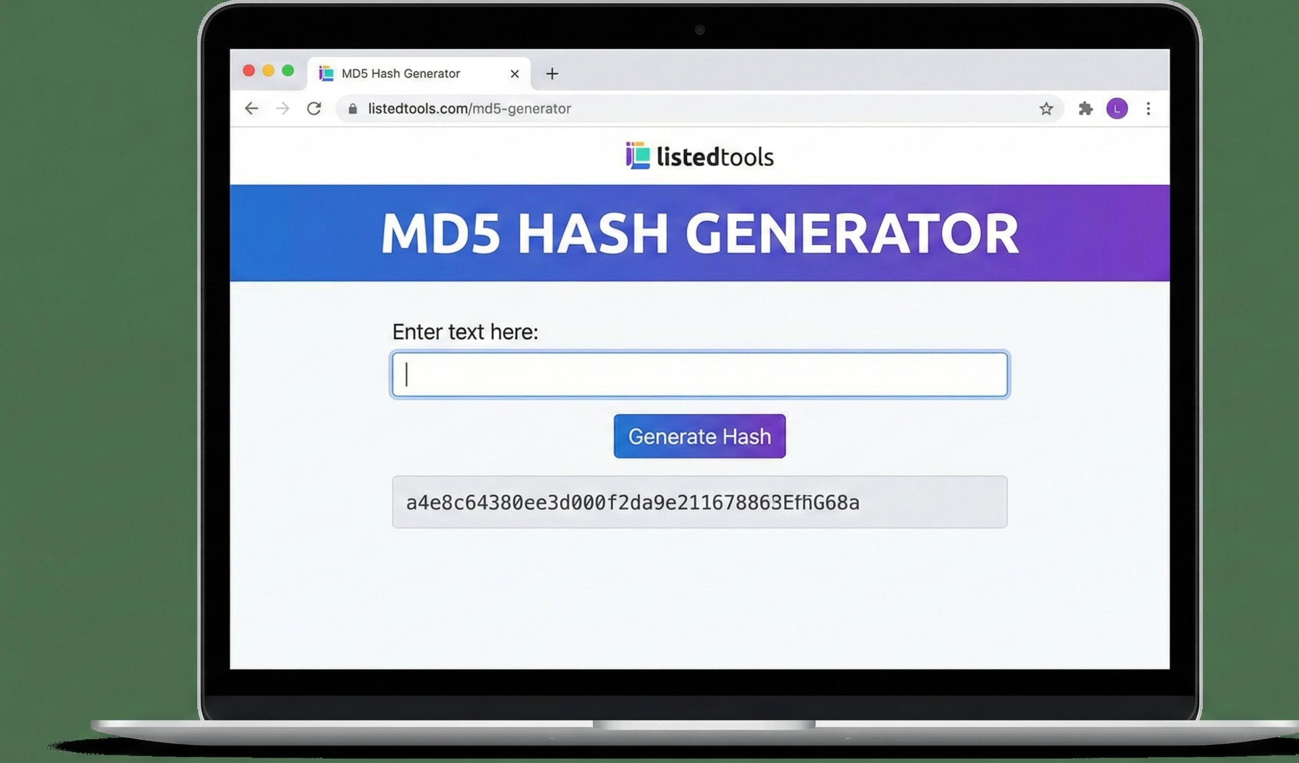 "Screenshot of online MD5 Hash Generator tool interface with input field and hash output."