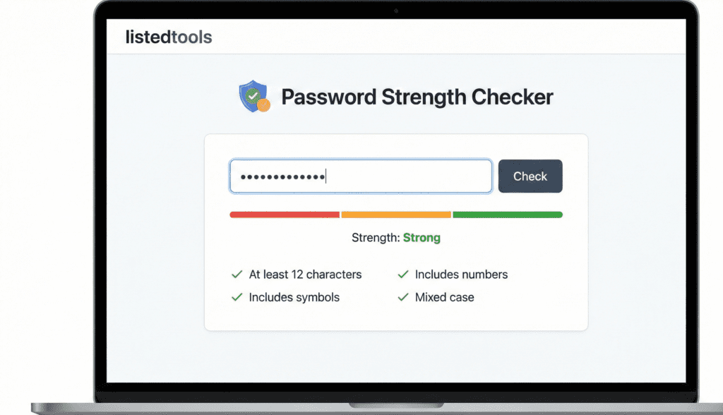"ListedTools Password Strength Checker interface displaying a strong password rating with security criteria checkmarks."