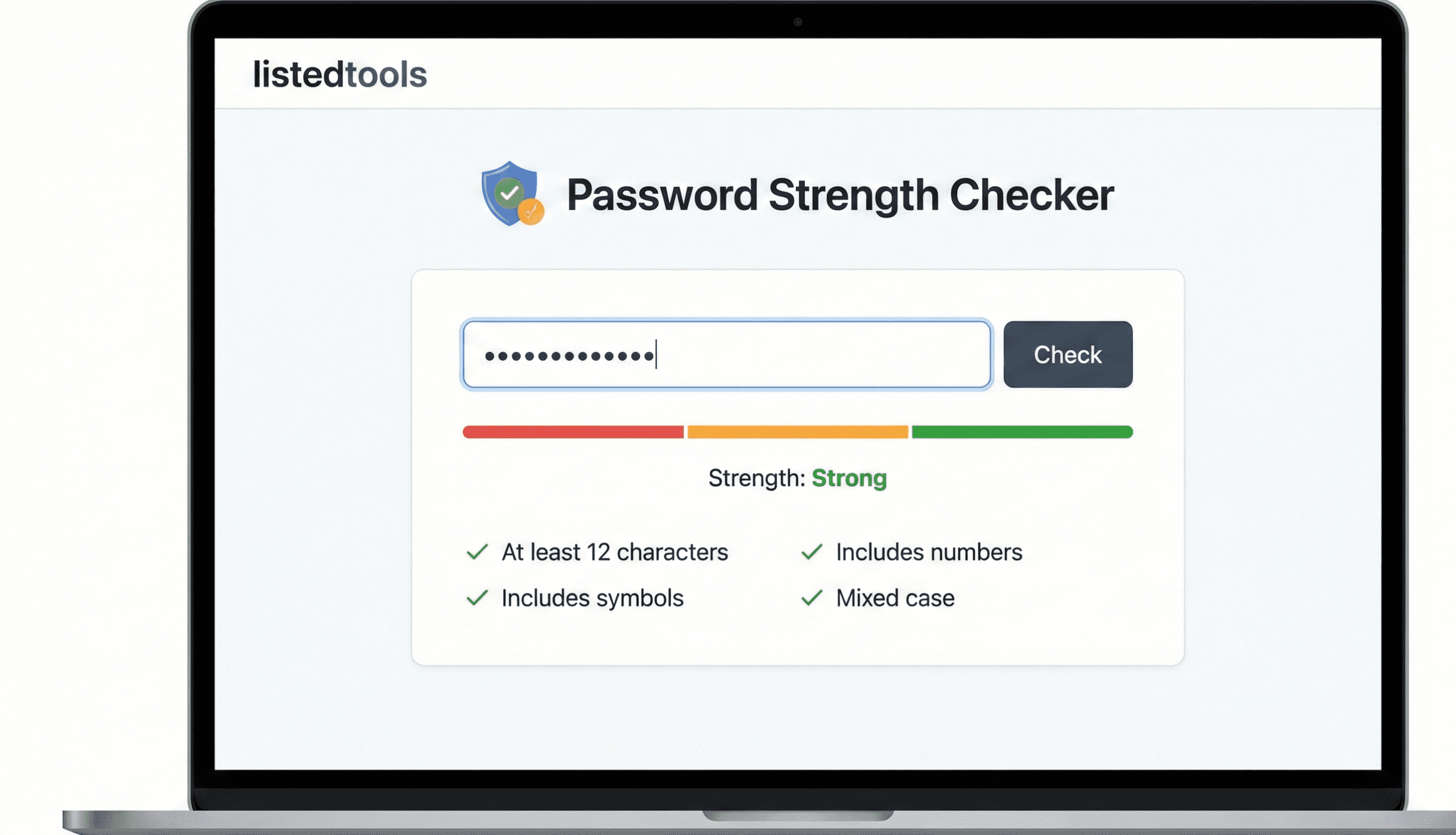 "ListedTools Password Strength Checker interface displaying a strong password rating with security criteria checkmarks."